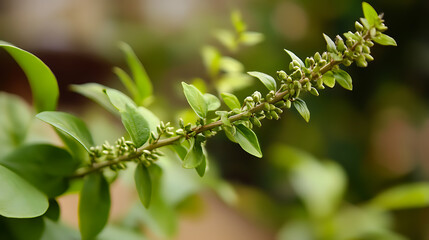 A close-up shot captures the serene beauty of a plant branch adorned with delicate green leaves and buds, bathed in soft, natural light, showcasing nature's artistry.