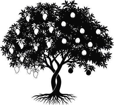 Vector art of silhouette of a mango tree with ripe fruit