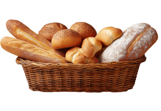 Wicker basket filled with assorted breads isolated on a transparent background