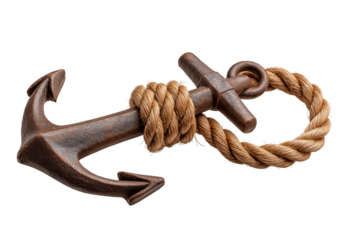 Rusty Anchor with Thick Rope isolated on a transparent background