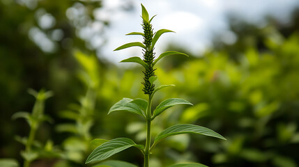 Obraz premium Detailed view of a vibrant green plant stalk with leaves and sprouting buds, set against a soft, out-of-focus leafy green background, captured with a shallow depth of field.