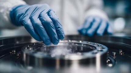 Close up of a scientist s gloved hand interacting with a misty substance within advanced laboratory equipment