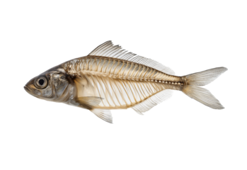 Fish skeleton with fins and tail isolated on a transparent background