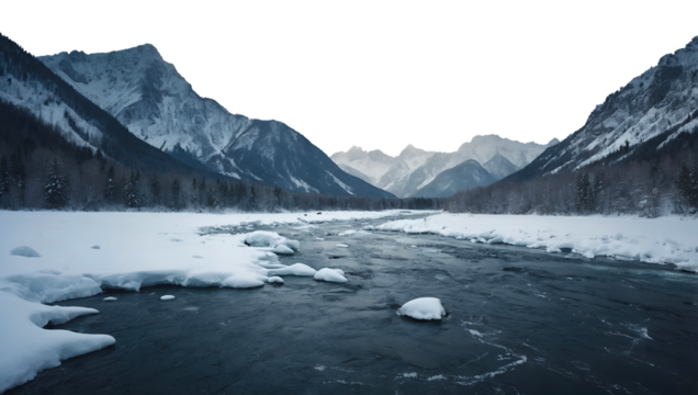 Cold winter landscape with an icy mountain river amidst snowy banks and high dark mountains on a transparent background for sky replacement