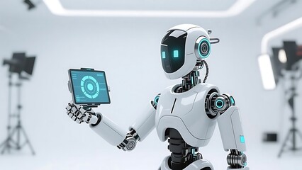 Cybernetic robot with tablet in studio — futuristic AI technology for business and science