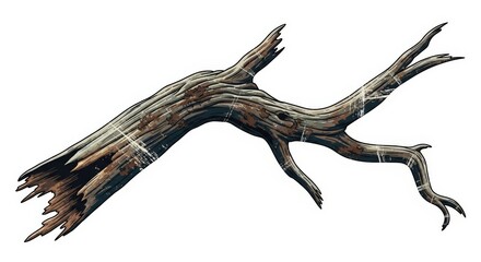 Fototapeta premium Weathered Wood Branch: Aged Tree Limb with Distressed Texture and Natural Imperfections, Rustic Woodland Detail, Element for Graphic Design, Abstract Nature Composition, Illustration of Decaying Wood