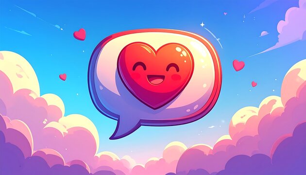 An animated, smiling heart enclosed in a speech bubble floats against a pastel sky filled with fluffy clouds and tiny hearts