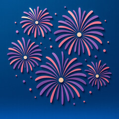 Square format. Stylized paper-cut fireworks in pink and violet on blue background, symbolizing celebration and creativity. Layered shapes create depth, texture, ideal for festive designs, invitations
