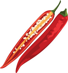 Illustration of two red chili peppers, one whole and one sliced lengthwise revealing seeds and inner structure.