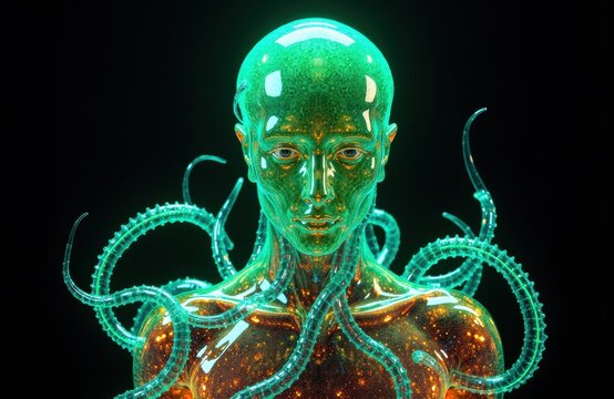 Futuristic humanoid figure with glowing tentacles and metallic features in a dark setting