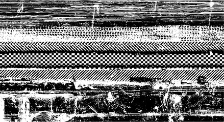 Abstract black and white grunge texture with horizontal lines and a checkered pattern, resembling television static or digital noise