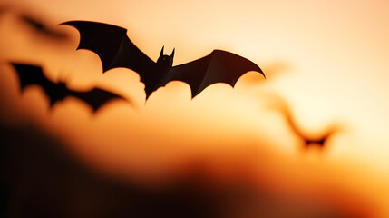 Fototapeta premium Silhouette of bats against an orange sky. The bats appear to be cut from black paper. The background is an eerie orange color. Perfect for Halloween decorations.