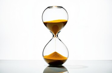 An hourglass filled with sand in a minimalist setting with a white background