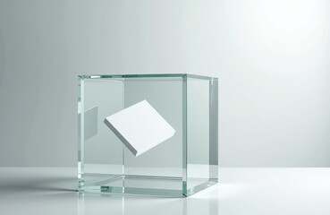 A clear glass cube with a white book floating inside on a minimalist background