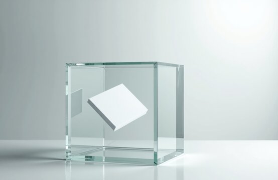 A clear glass cube with a white book floating inside on a minimalist background
