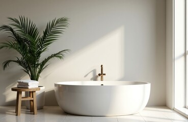 Fototapeta premium A modern white bathtub with a gold faucet in a bright, minimalist bathroom setting