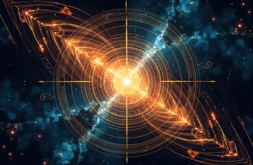 A bright central light radiates energetic circular patterns against a cosmic blue background with stars and nebulae