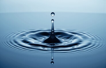 A close-up of a water droplet creating ripples on a calm surface