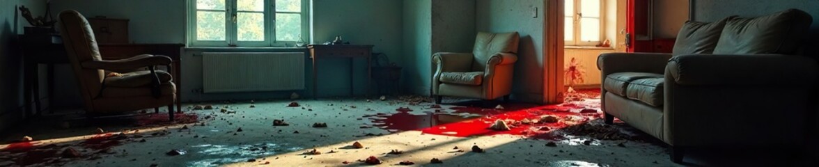 Violent Crime Scene Investigation Overturned Furniture, Shattered Glass, and Blood Evidence in a Pristine Room Suggest a Fierce Struggle.  Police are on the scene collecting evidence.