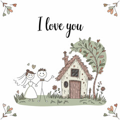 Fototapeta premium I Love You Greeting Card: A whimsical illustration capturing the essence of love and commitment, featuring a charming couple hand-in-hand in front of a cozy cottage, symbolizing home and heart.