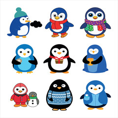 set of funny cartoon penguin