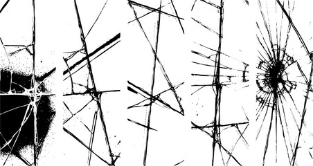 Cracked glass texture with sharp lines and radial fracture pattern on a white background