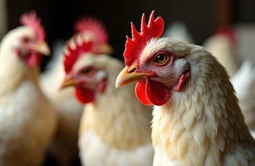 Woman holding chickens in farmyard setting with close-up of hen in foreground