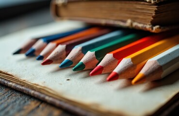 Colorful colored pencils arranged in a row on a sketchbook with a worn book in the background