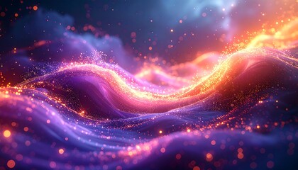 An abstract digital artwork featuring flowing, luminescent waves of purple and orange light particles against a dark blue background