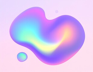 An abstract, fluid-like shape floats against a soft, gradient background of pastel hues. It features a colorful, iridescent blend