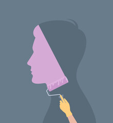A hand in a rubber glove painting a male silhouette with a roller in purple. Flat vector illustration