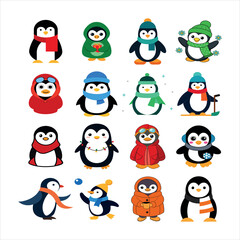set of penguins with christmas hats