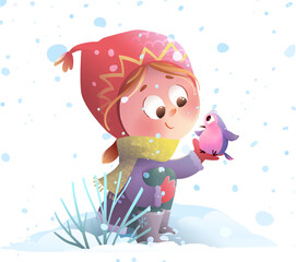 Cute Little Girl Wearing Winter Clothes Play with Friend Bird in Snow. Fairytale winter scene, holidays illustration for kids. Hand drawn vector cartoon for children story or tale in watercolor style.