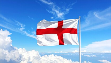 Naklejka premium England's national flag—the red Cross of Saint George—flying boldly against a blue sky with scattered clouds