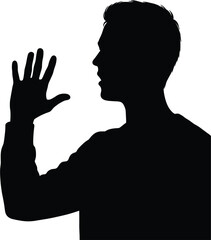 Silhouette of a man holding up five fingers hand counting, silhouette, man, hand, five fingers, counting, number, gesture, greeting, stop, warning, explanation, demonstration, teaching, learning, comm