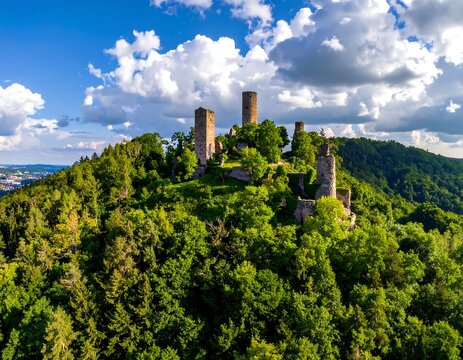 Aerial view of a historic, stone fortress atop a lush, green hill under a partly cloudy blue sky. The ruins offer a majestic, scenic panorama