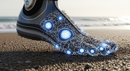 Innovative tech shoe design for future athletes, featuring responsive technology and dynamic energy return on beach, offering support and stability