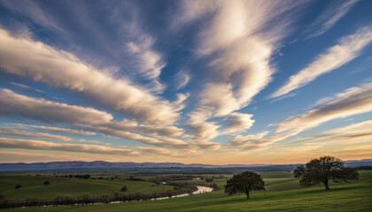 Fototapeta premium Swirling clouds stretch across the sky as the sun sets gently behind distant mountains. A winding river flows through the lush valley, framed by trees on either side