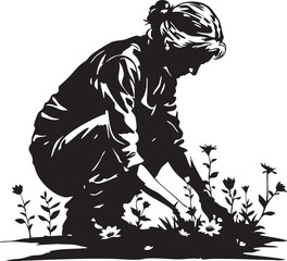 Fototapeta premium Silhouette of person gardening with blooming flowers, black and white vector for nature, care, and peaceful outdoor activity