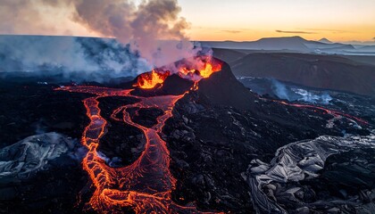 Aerial view of an erupting volcano, lava flowing in rivers, smoke rising, at dusk with a landscape view