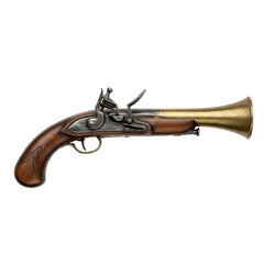 Antique flintlock blunderbuss pistol with brass barrel for historical weapon and pirate concept