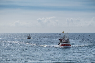 Obraz premium Fish boat sailing back to the harbor in Atlantic ocean, Bretagne France