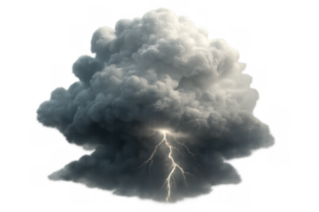 Storm cloud generating powerful lightning bolt, dark cumulonimbus thundercloud on transparent background