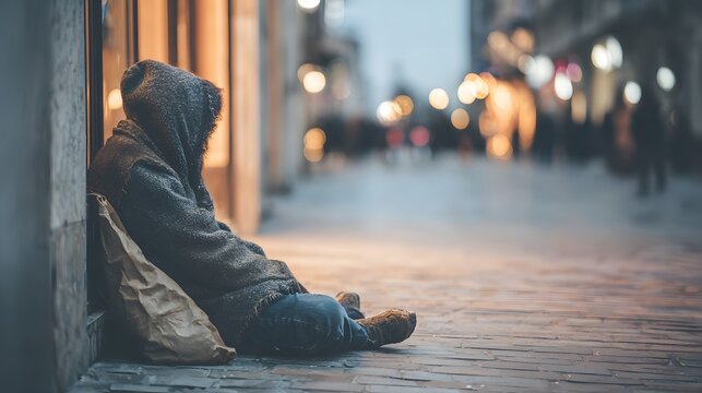 Homeless man sitting on a sidewalk.