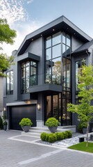 Modern black and glass home with elegant landscaping in a suburban neighborhood during the day