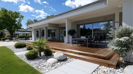 Modern house exterior with wooden deck and lush garden on a sunny day