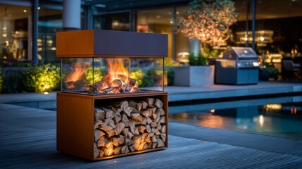 Modern outdoor fireplace with stacked wood beside a pool during evening in a contemporary garden setting