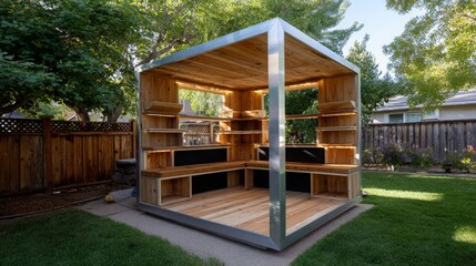 Unique modern backyard seating structure with wooden interior and metal frame during sunny afternoon