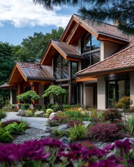 Modern architecture blends with nature in a serene garden setting near a residential home