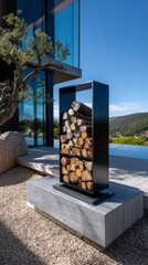 Stylish outdoor firewood rack displaying neatly stacked logs near a modern house with stunning landscape views